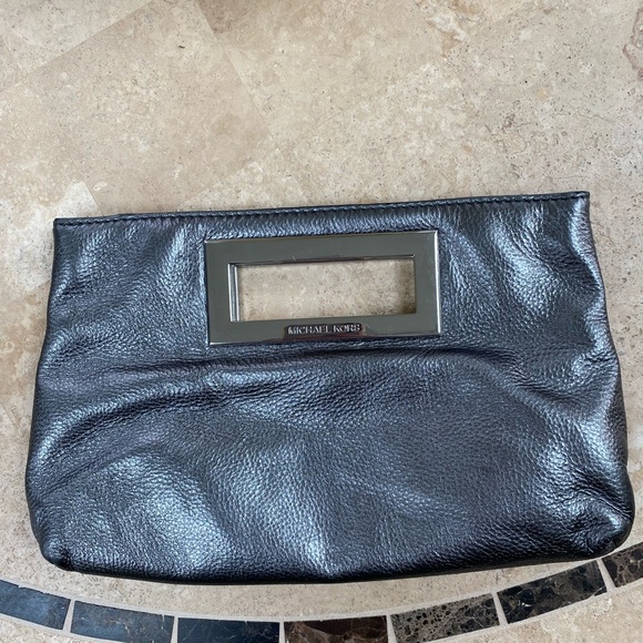 Michael Kors Metallic Grey Leather Clutch with Silver Frame Handle - Picture 1 of 7